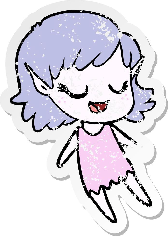 distressed sticker of a happy cartoon elf girl vector