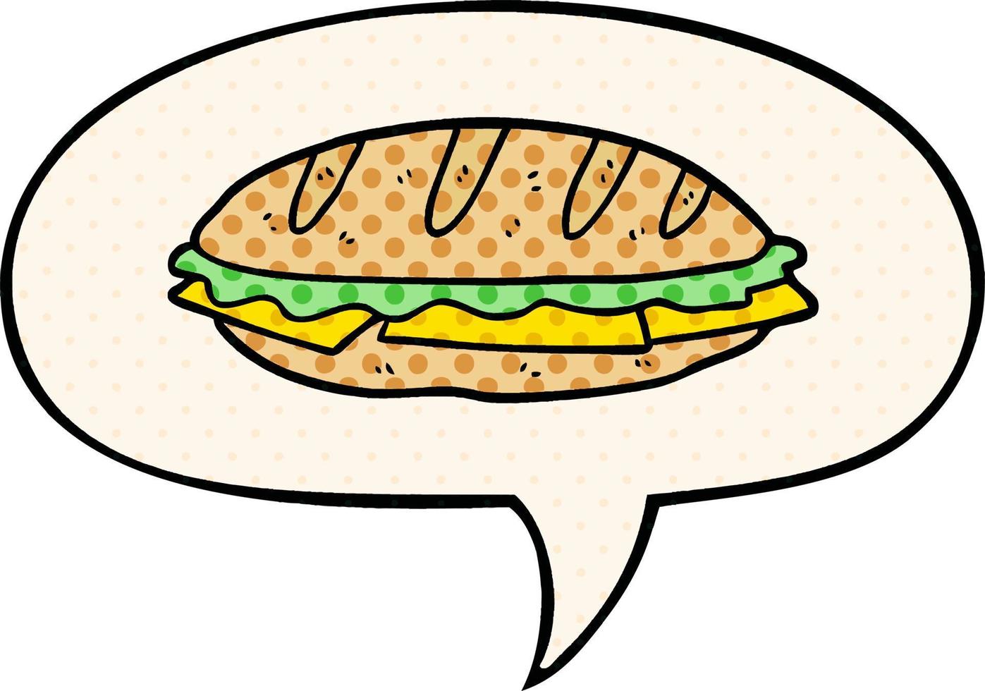 Sándwich de queso de dibujos animados y burbuja de habla al estilo de las historietas vector