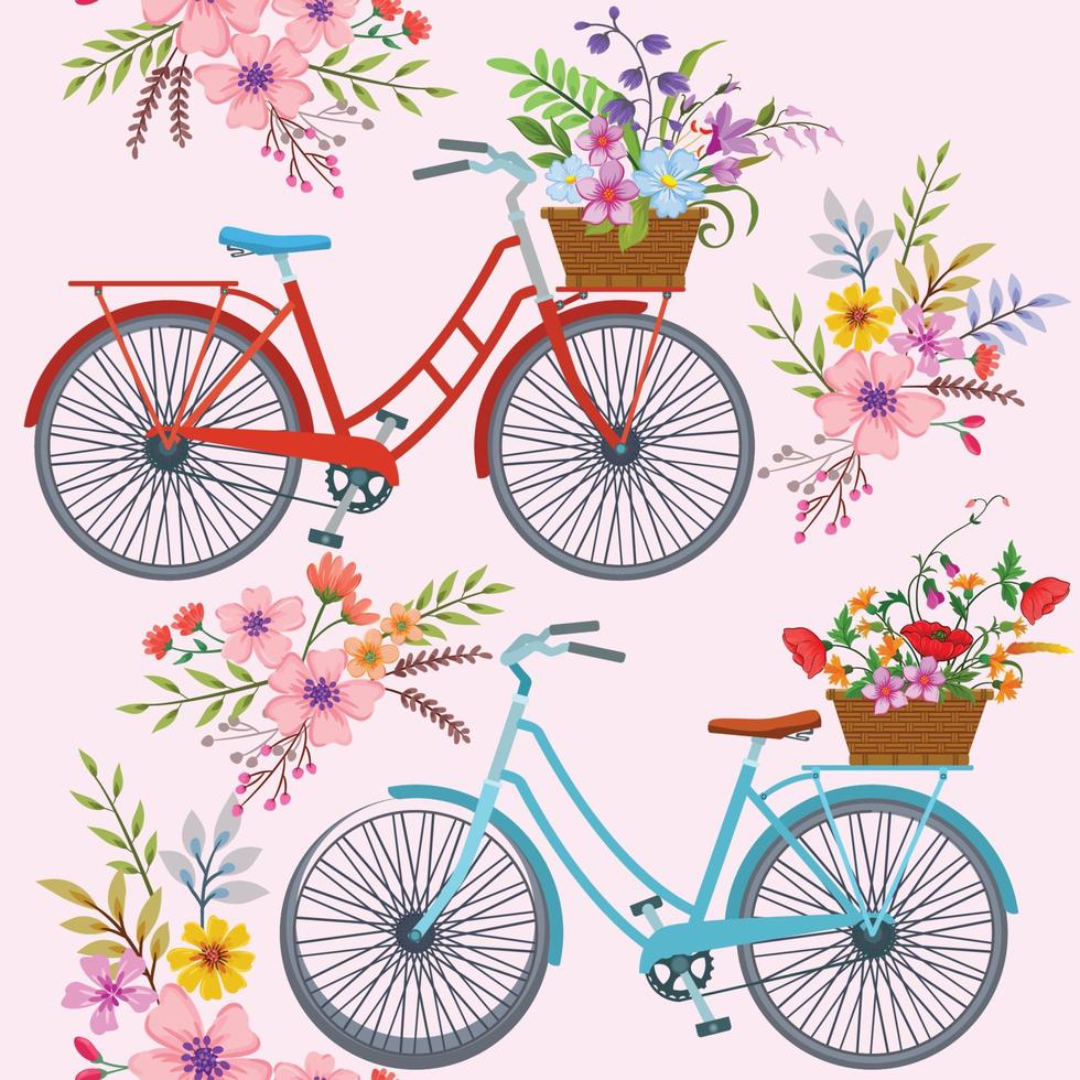 Bicycle with flowers seamless pattern. vector