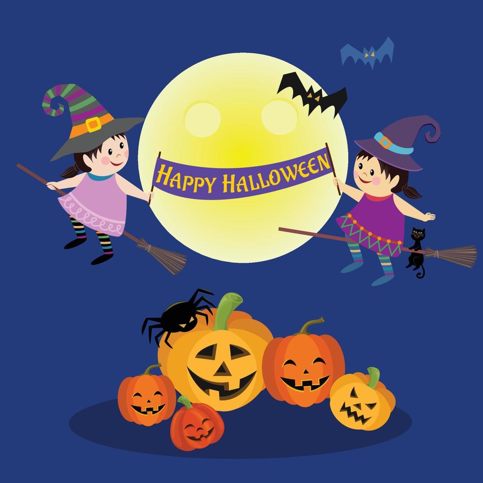 Halloween party background with cute witch and pumpkin on full moon. vector