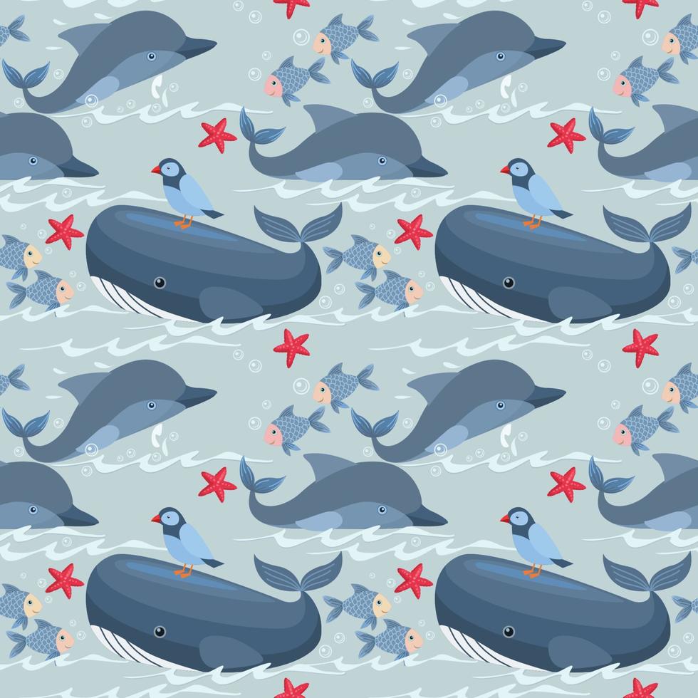 Whales and dolphins seamless pattern. vector