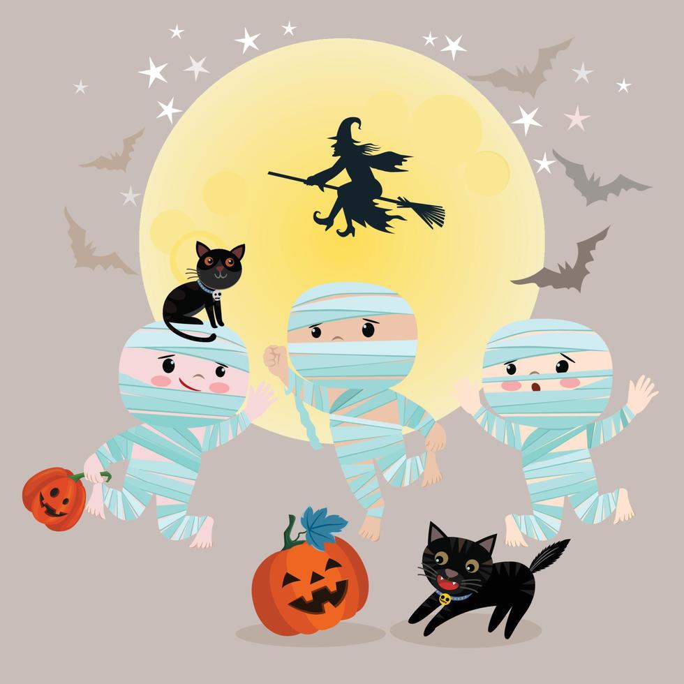 Cute cartoon mummy with pumpkin and cat Halloween background vector