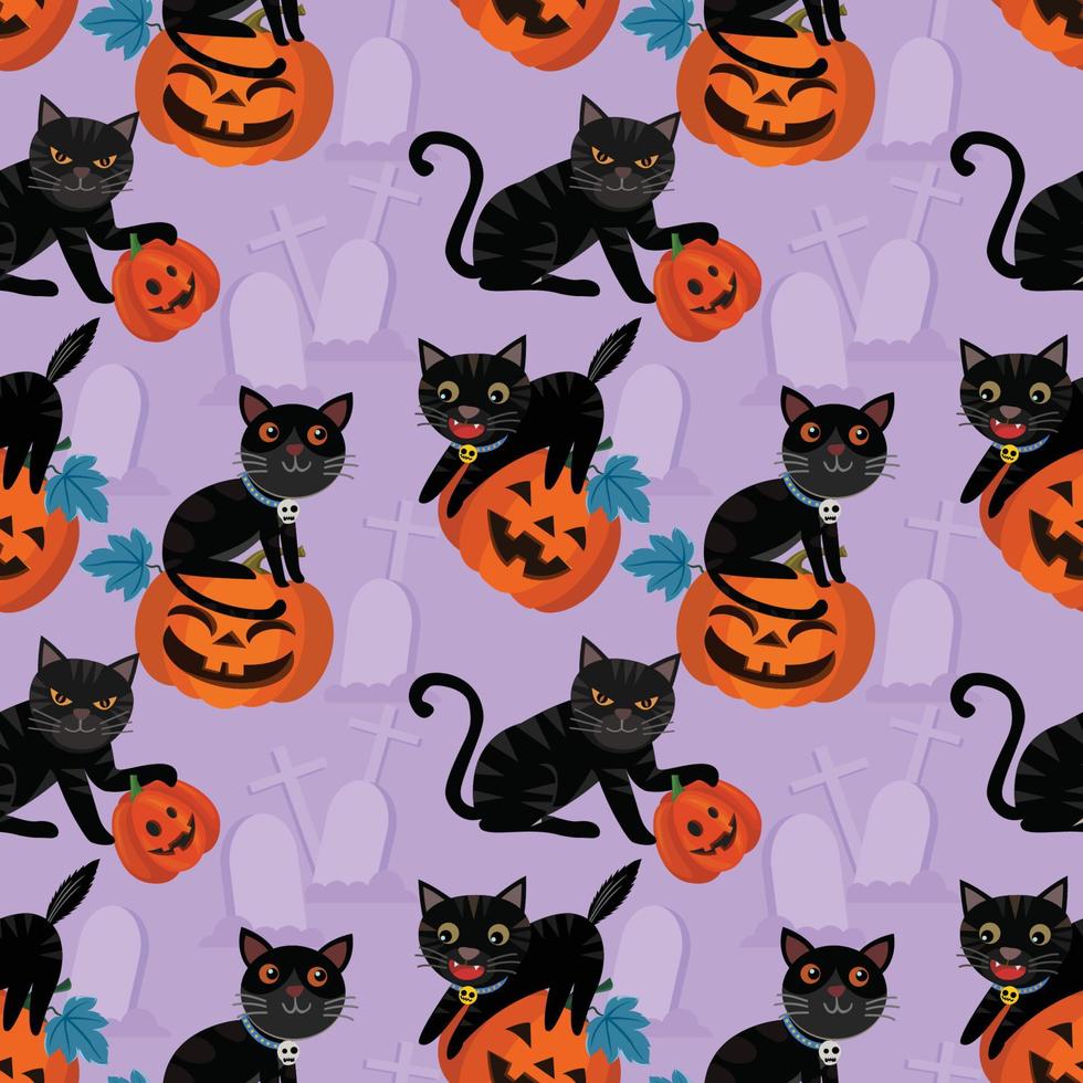 Halloween pumpkin and black cat seamless pattern. vector