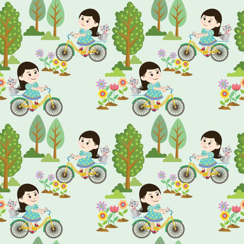 Cute girl on bicycle with cat in garden. vector