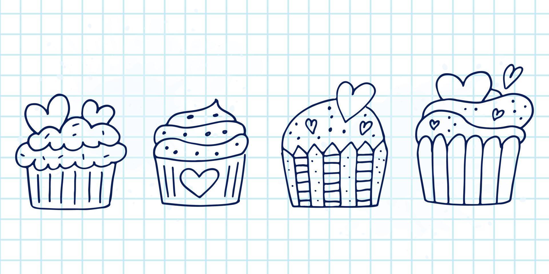 Set of cute hand-drawn doodle elements about love. Message stickers for apps. Icons for Valentines Day, romantic events and wedding. A checkered notebook. Cupcakes with hearts. vector