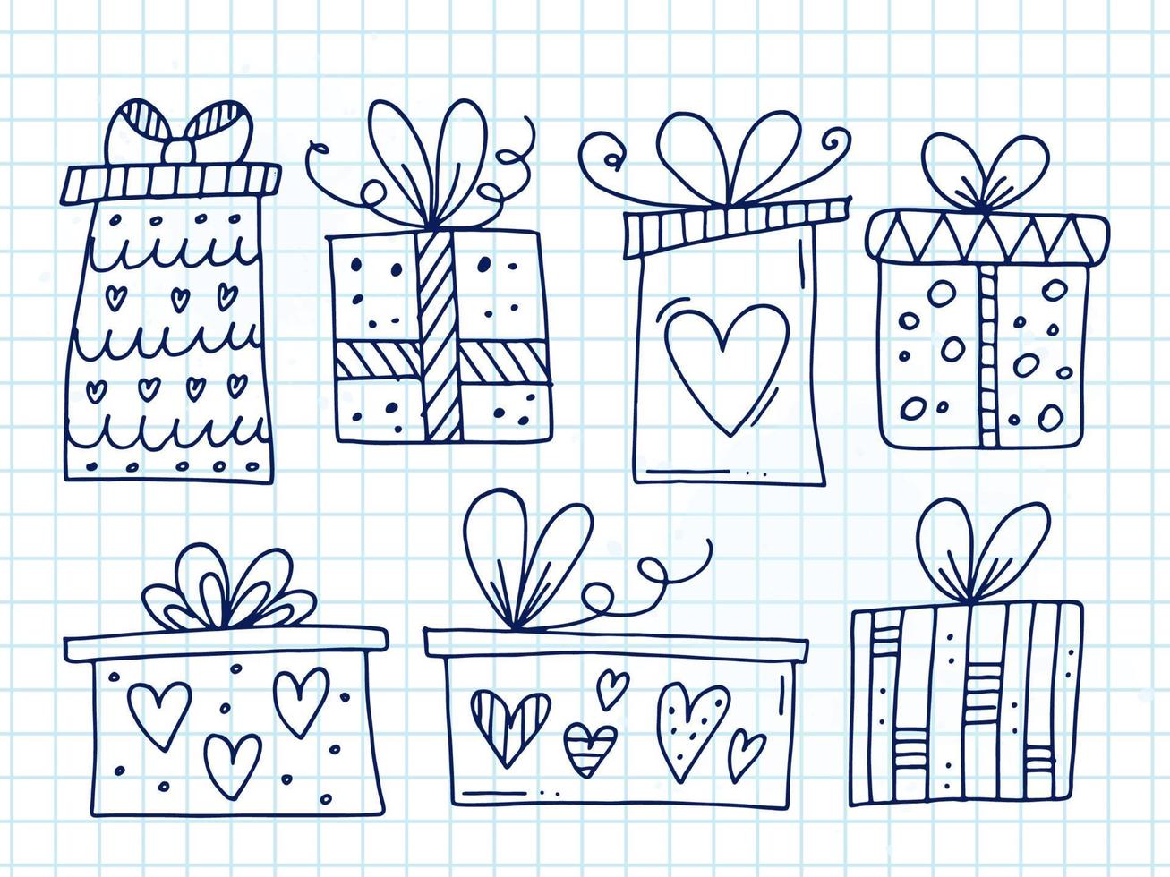 Set of cute hand-drawn doodle elements about love. Message stickers for apps. Icons for Valentines Day, romantic events and wedding. A checkered notebook. Gift boxes with ornaments, bows and hearts. vector