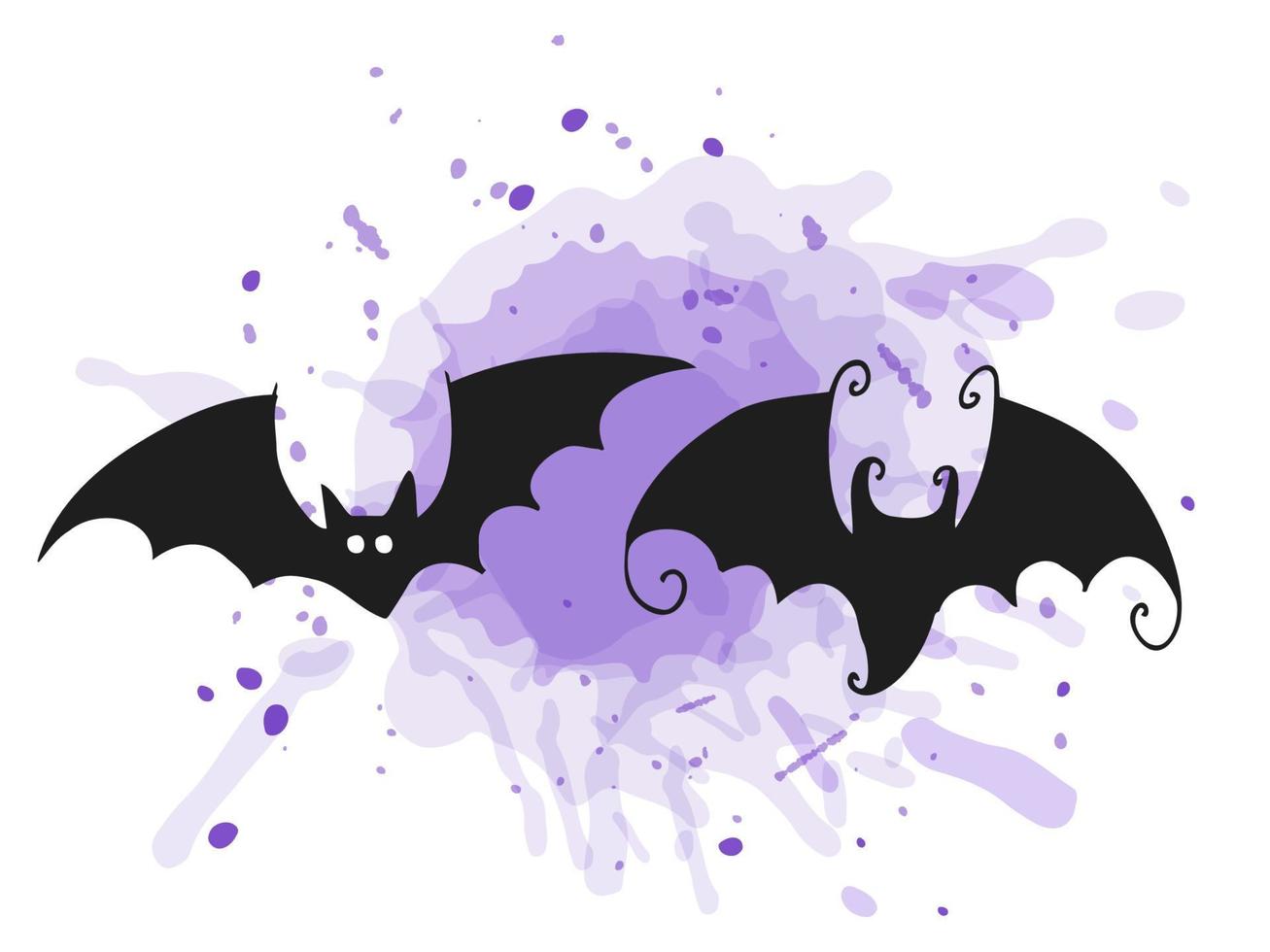 halloween 2022 - 31 de octubre. una fiesta tradicional. truco o trato. ilustración vectorial en estilo garabato dibujado a mano. conjunto de siluetas de murciélagos con una mancha de color púrpura. vector