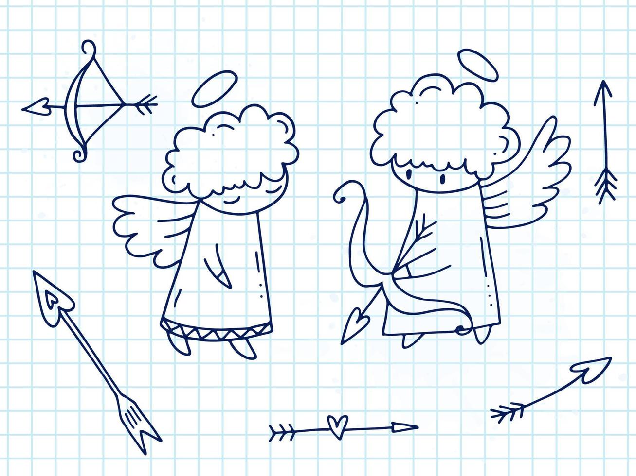 Set of cute hand-drawn doodle elements about love. Message stickers for apps. Icons for Valentines Day, romantic events and wedding. A checkered notebook. Cupid with halo and wings, arrows and bow. vector