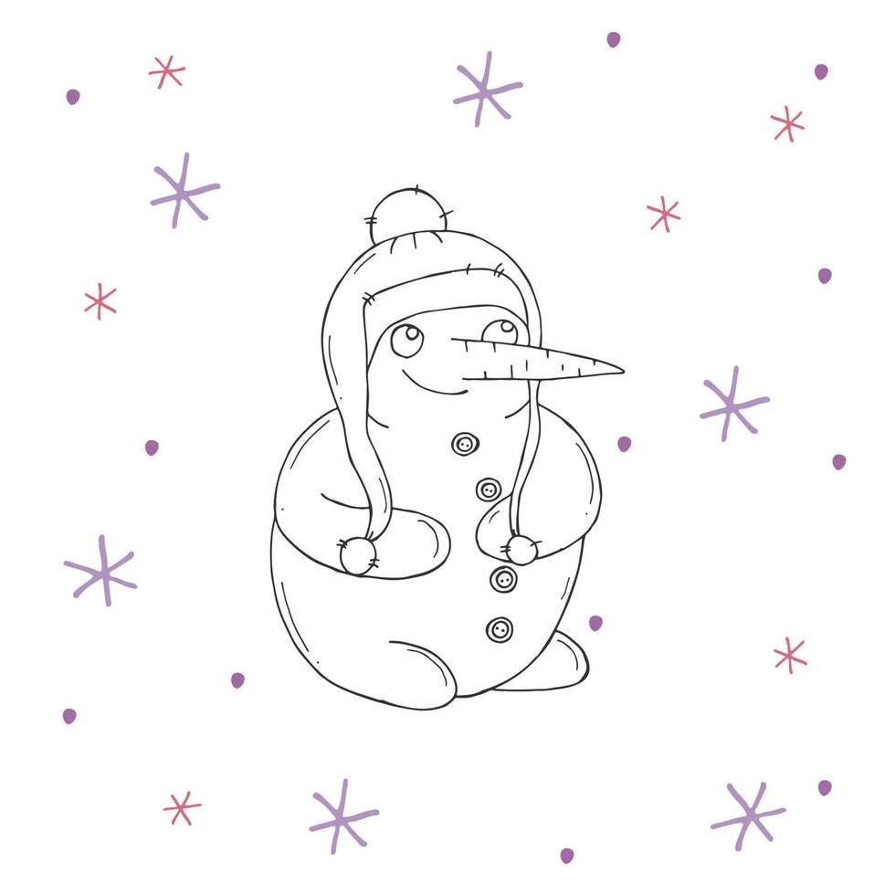 Cute snowman with purple and pink snowflakes on a white background. Vector illustration in doodle style. Winter mood. Hello 2023. Merry Christmas and Happy New Year.