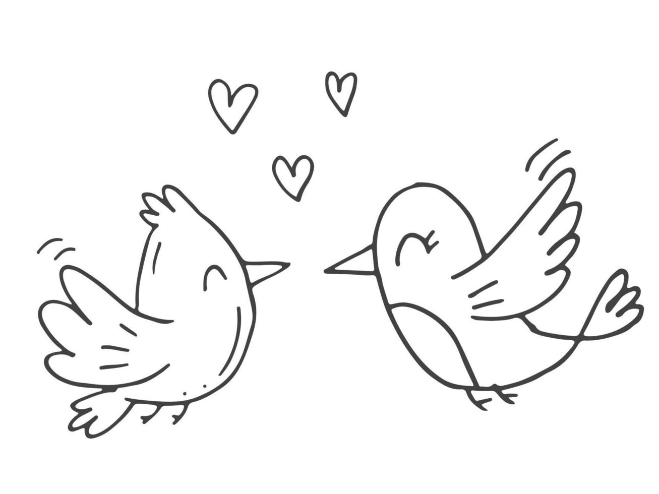 Set of cute hand-drawn doodle elements about love. Message stickers for apps. Icons for Valentines Day, romantic events and wedding. Two birds in love are flying with hearts. vector