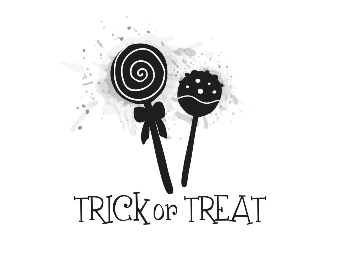 Halloween 2022 - October 31. Trick or treat. Vector hand-drawn doodle style. Lollipops on a stick against a background of gray watercolor splashes with lettering.