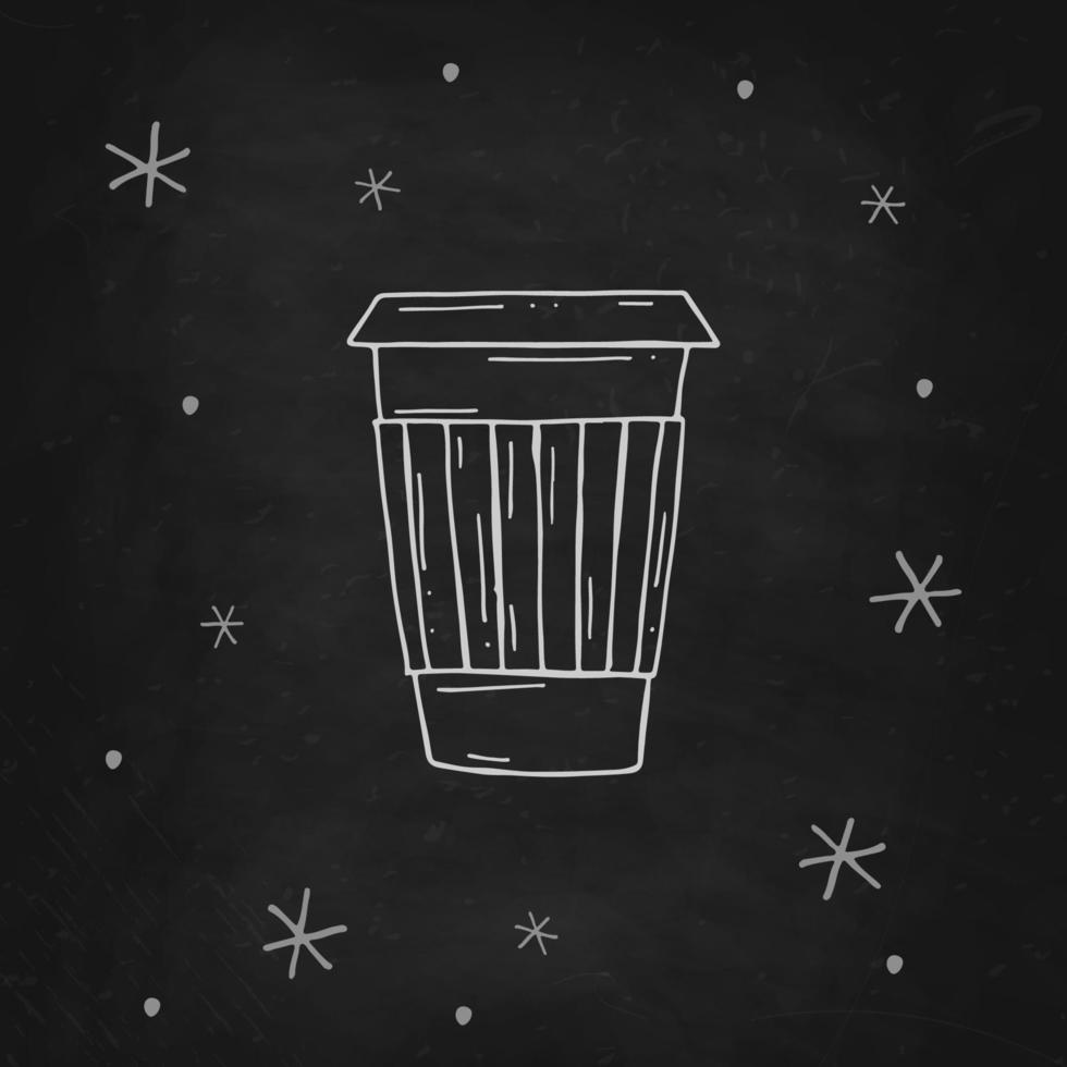 Paper cup of coffee with a snowflakes on a black chalk board. Vector illustration in doodle style. Winter mood. Hello 2023. Merry Christmas and Happy New Year.