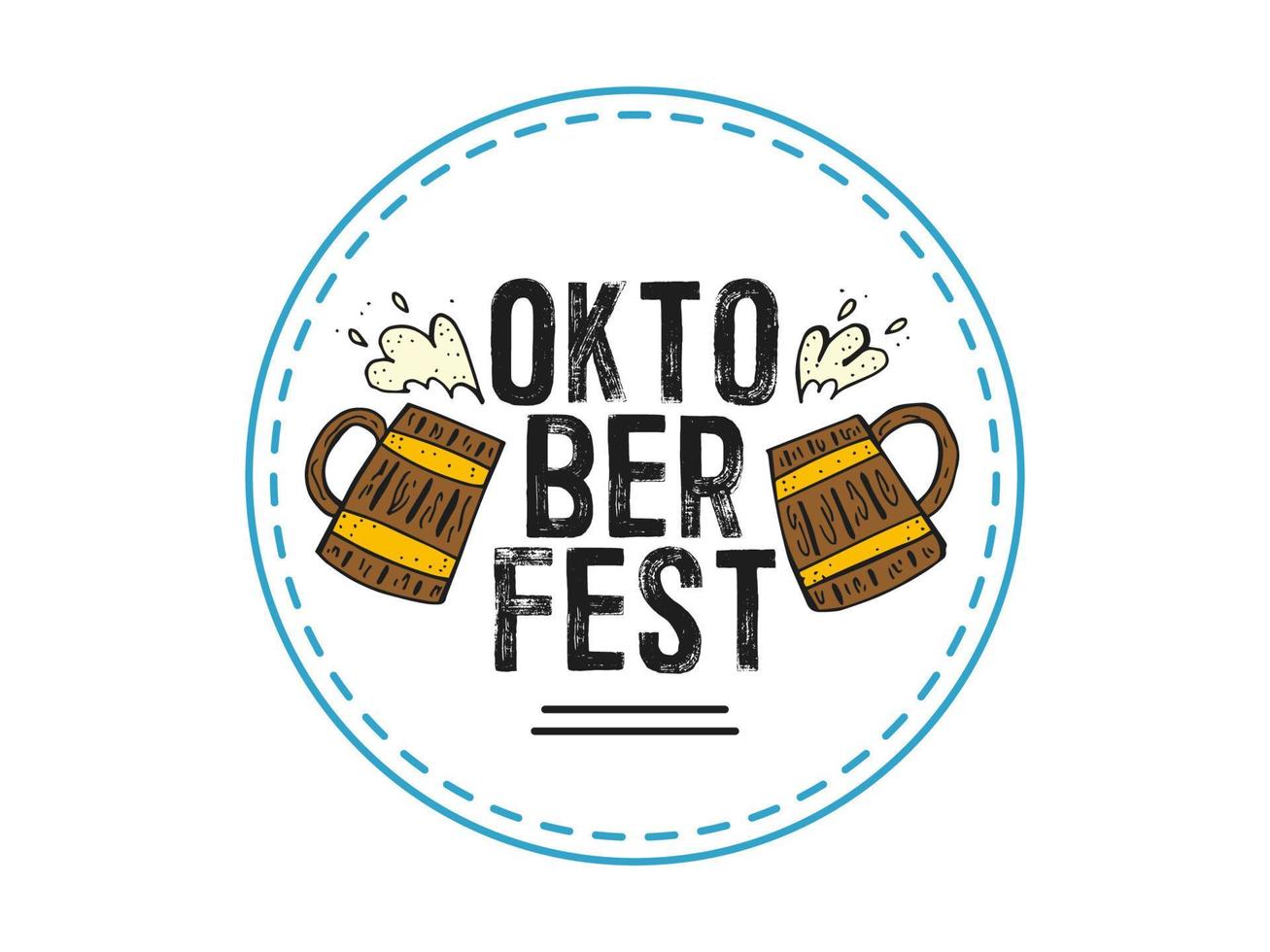 Oktoberfest 2022 - Beer Festival. Hand-drawn Doodle elements. German Traditional holiday. Round emblem with beer mugs and text on a white background. vector