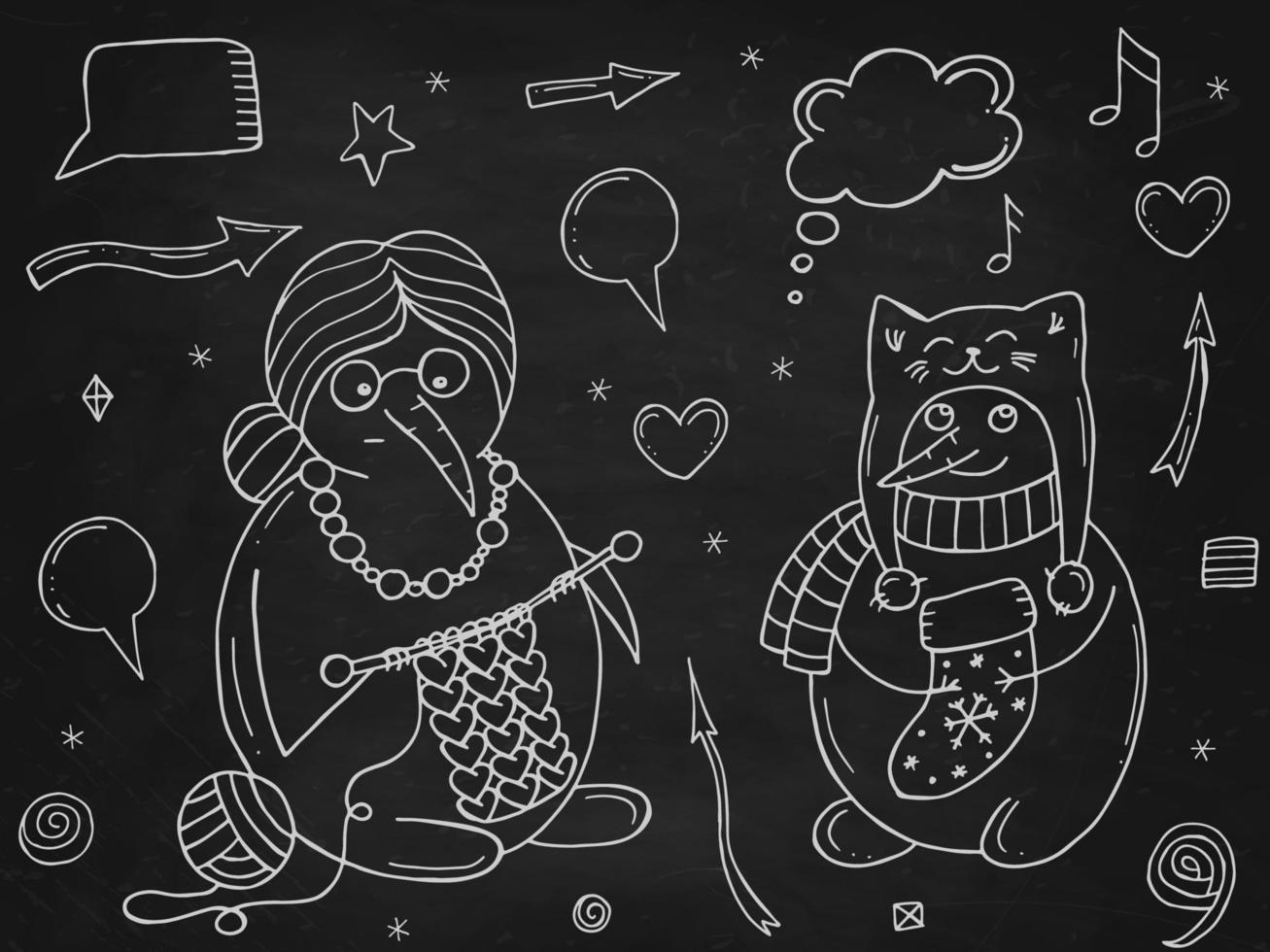 Set of cute snowmen on a black chalk board. Vector illustration in doodle style. Winter mood. Hello 2023. Merry Christmas and Happy New Year.