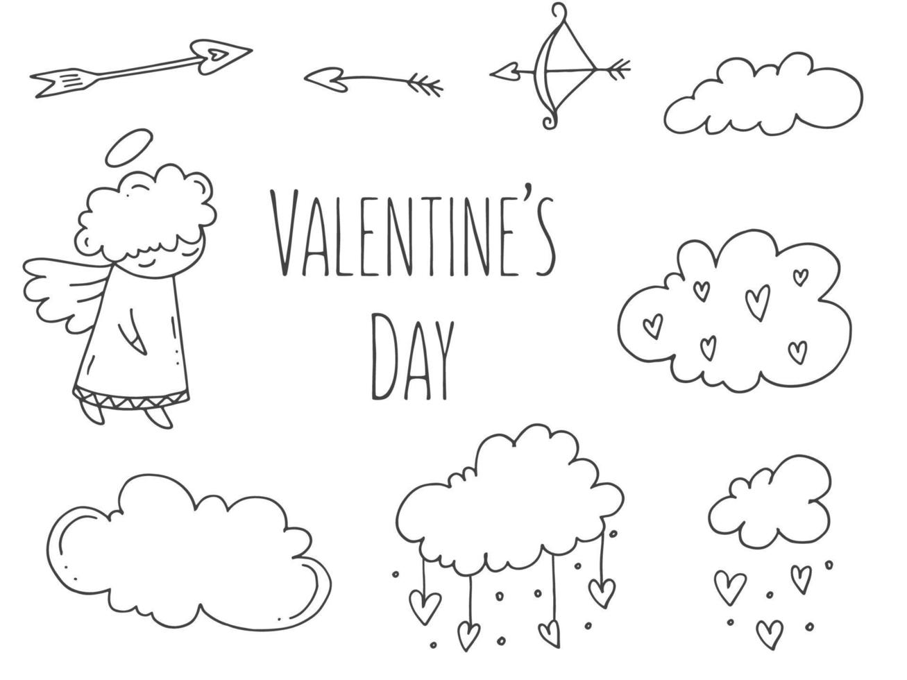 Set of cute hand-drawn doodle elements about love. Message stickers for apps. Icons for Valentines Day, romantic events and wedding. Cupid with a bow and arrow in the clouds. vector