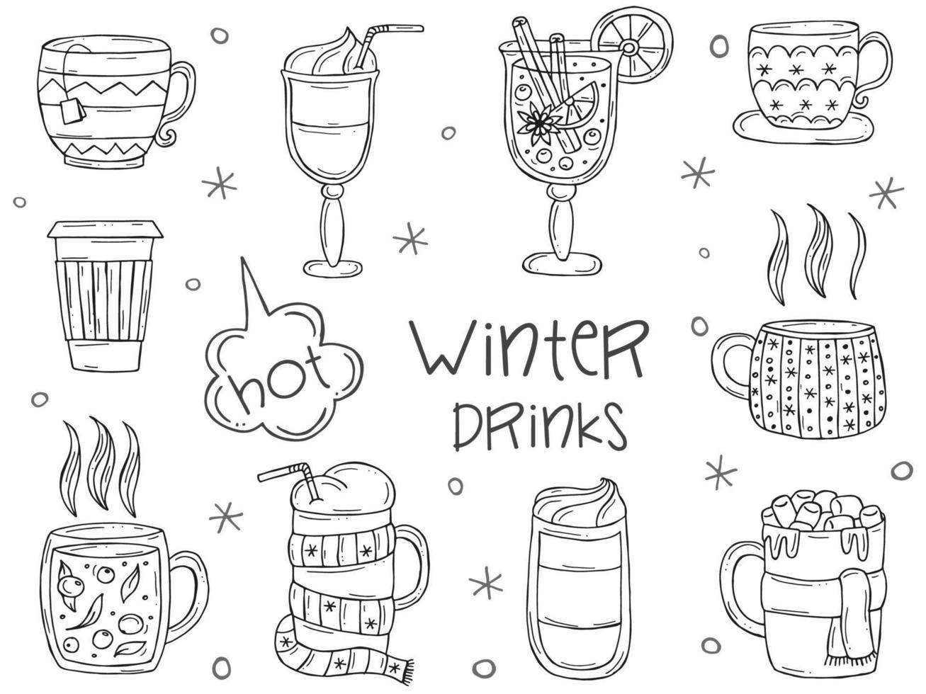 Set of a warming winter drinks on a white background. Vector illustration in doodle style. Winter mood. Hello 2023. Merry Christmas and Happy New Year.