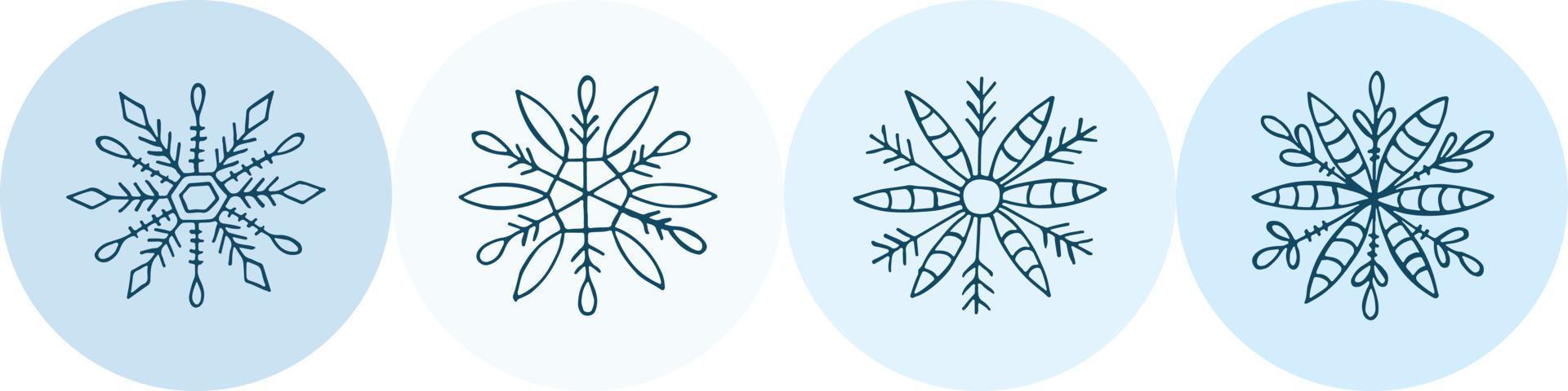 un conjunto de copos de nieve dibujados a mano. ilustración vectorial en estilo garabato. estado de ánimo de invierno. hola 2023. feliz navidad y próspero año nuevo. elementos azules sobre un fondo azul claro. vector