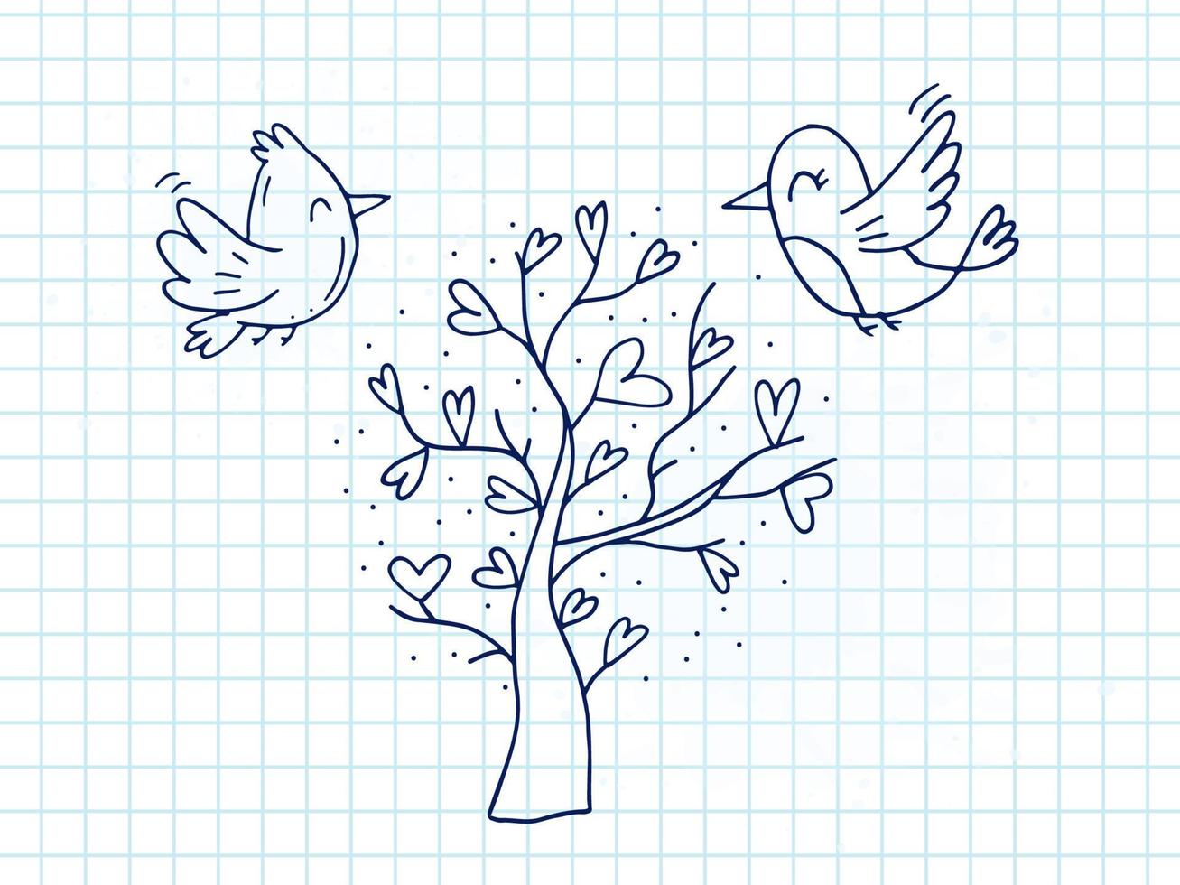 Set of cute hand-drawn doodle elements about love. Message stickers for apps. Icons for Valentines Day, romantic events and wedding. A checkered notebook. Two lovebirds fly over a love tree. vector
