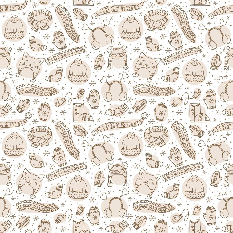 Hand-drawn winter clothing. Seamless pattern. Endless ornament. Vector illustration in doodle style. Winter mood. Hello 2023. Merry Christmas and Happy New Year. Brown elements on a white background.