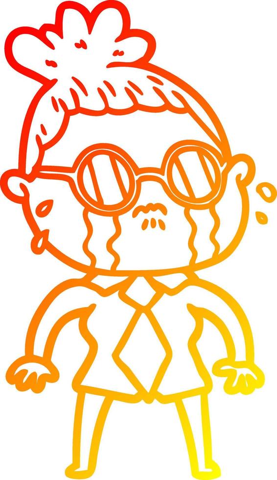 warm gradient line drawing cartoon crying woman wearing spectacles vector