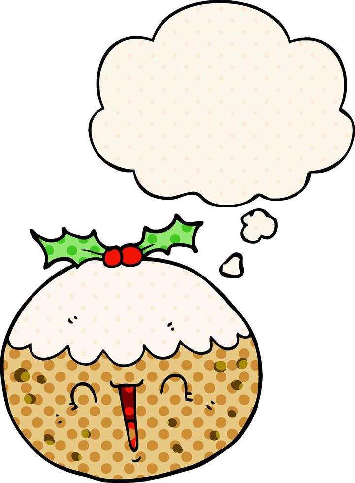 cute cartoon christmas pudding and thought bubble in comic book style vector