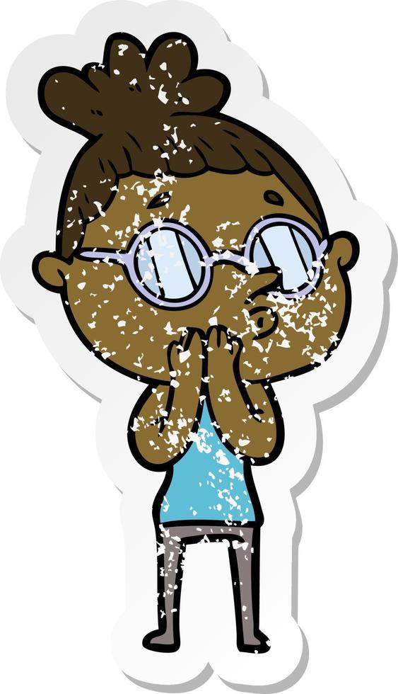 distressed sticker of a cartoon woman wearing glasses vector