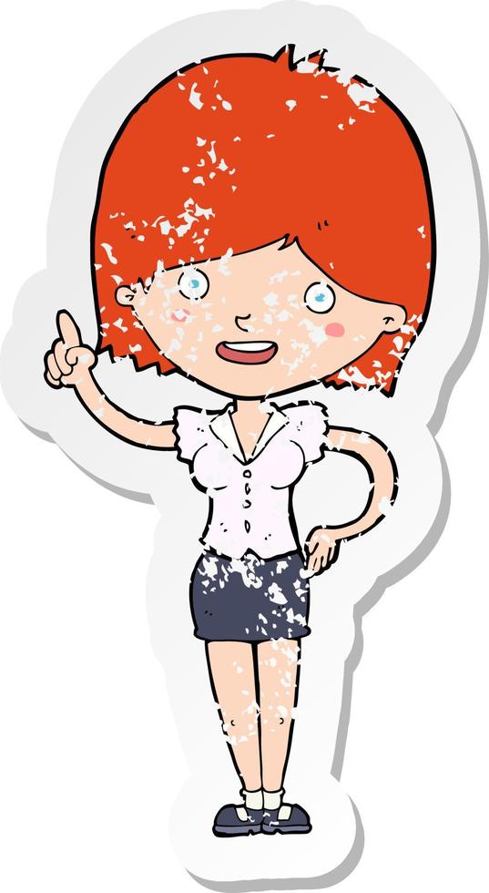 retro distressed sticker of a cartoon woman with idea vector