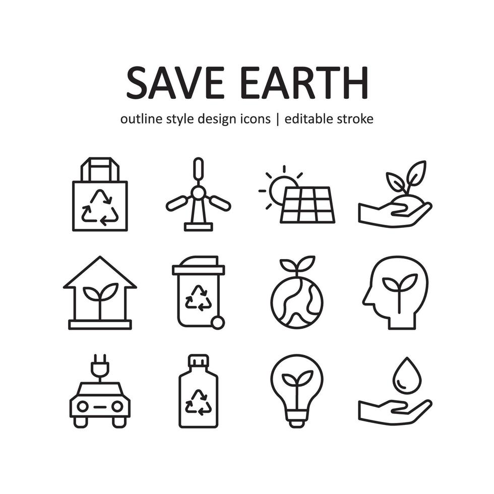 Save earth icon set. Contains such Icons as ecology, alternative energy, and more . Line style design. Vector graphic illustration. Suitable for website design, app, template, ui.