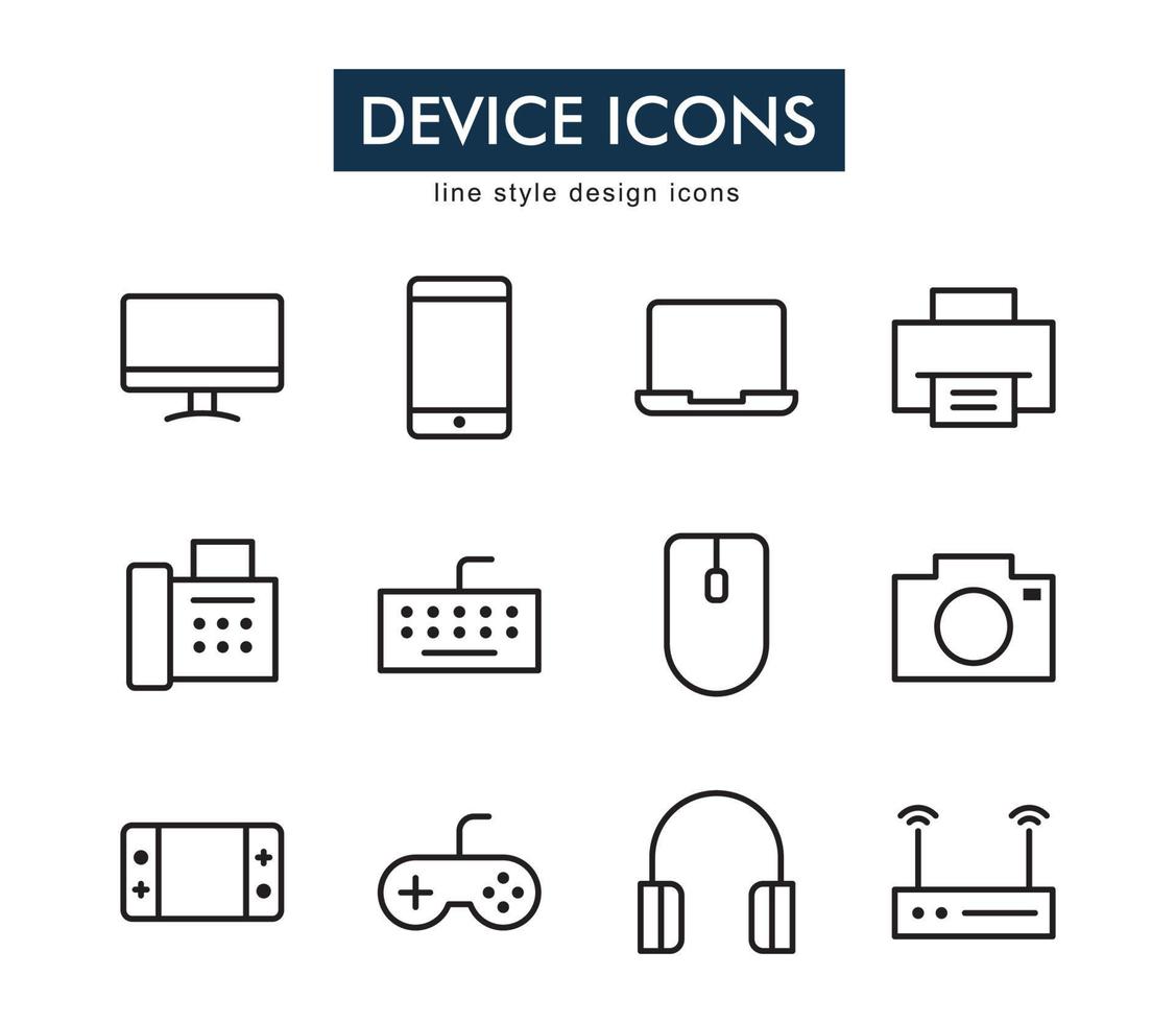 Set of device vector icons. Contains such Icons as laptop, pc, printer, camera, gamepad, and more . Suitable for website design, template, and ui. Line style design. Editable stroke.