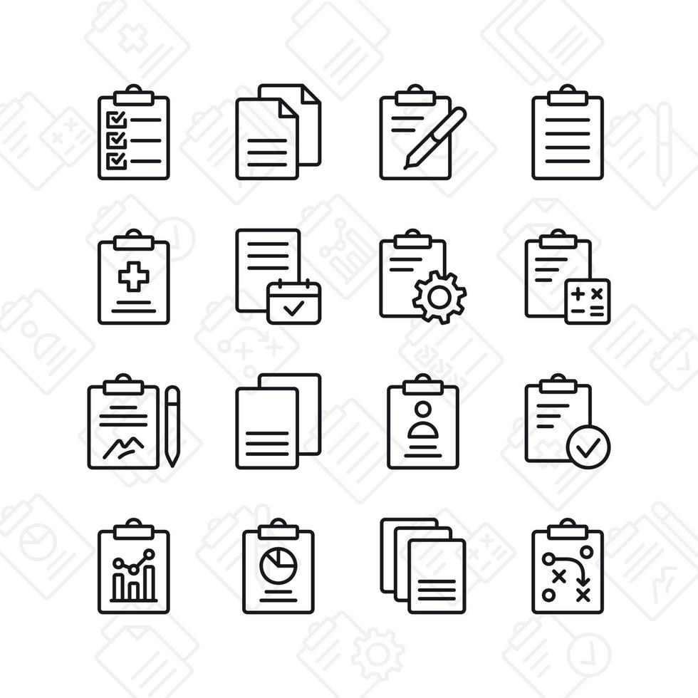 Clipboard icon set. Contains such Icons as checklist, agreement, contract, and more. Line style design. Vector graphic illustration. Suitable for website design, app, template, ui.