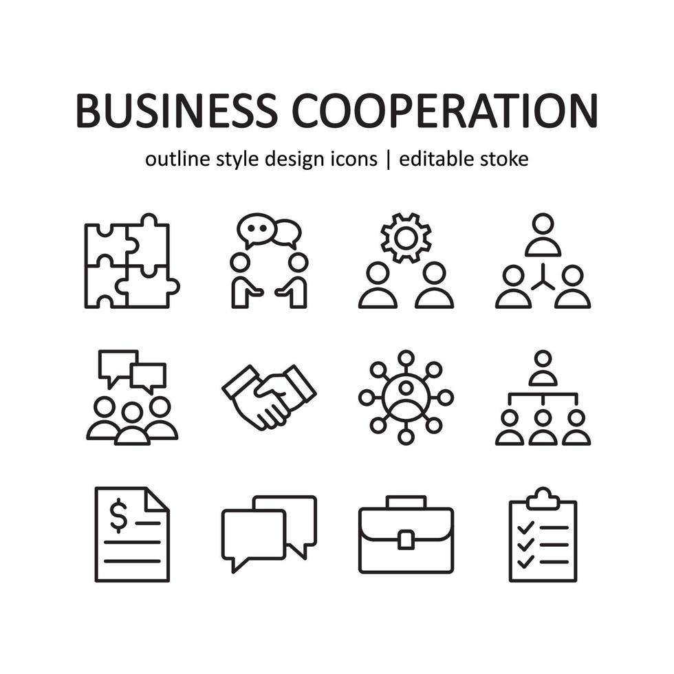 Set of business cooperation vector icons. Contains such Icons as relationship, partnership, strategy, and more . Suitable for website design, template, and ui. Line style design. Editable stroke.