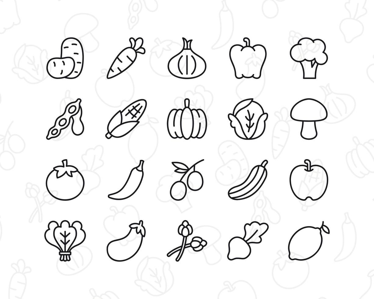 Vegetables icon set. Contains such Icons as broccoli, tomato, pepper, and more. Line style design. Vector graphic illustration. Suitable for website design, app, template, ui.