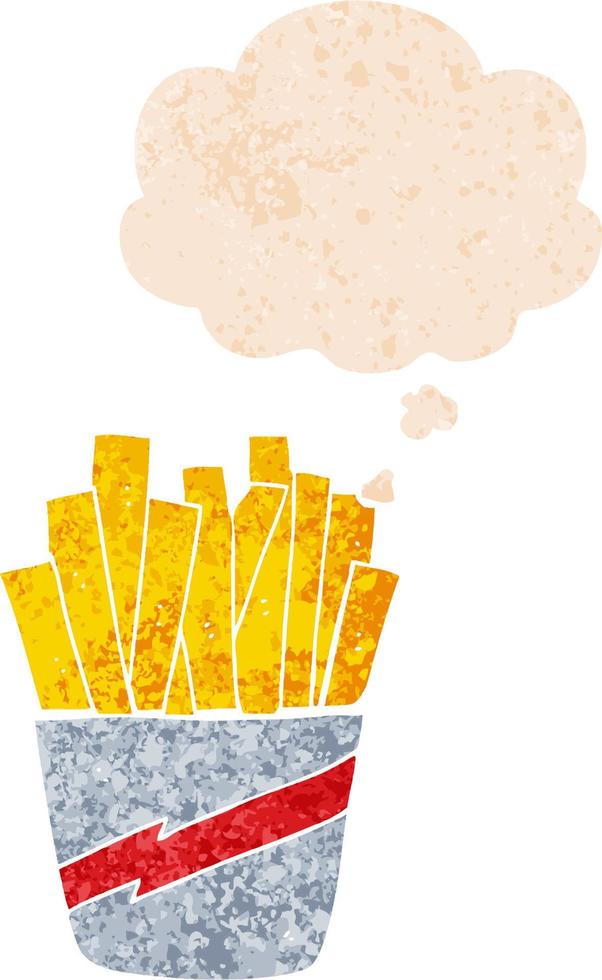 cartoon box of fries and thought bubble in retro textured style vector