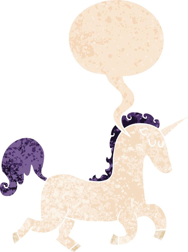 cartoon unicorn and speech bubble in retro textured style vector
