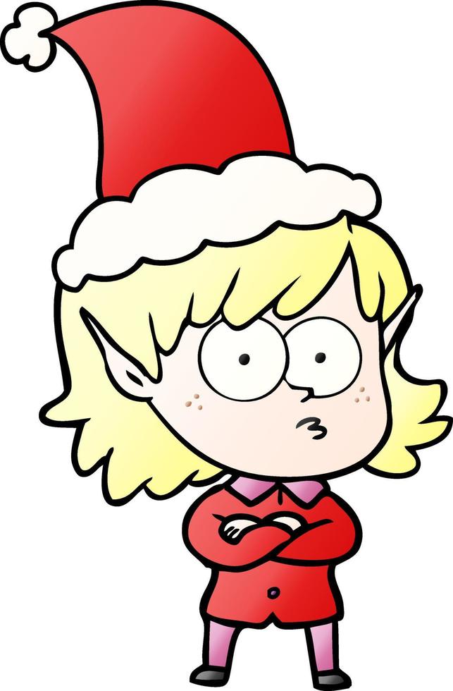 dibujos animados degradados de una niña elfa mirando con sombrero de santa vector