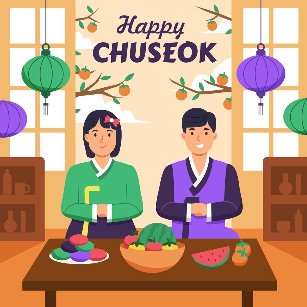 gente coreana en ropa tradicional celebrando chuseok vector