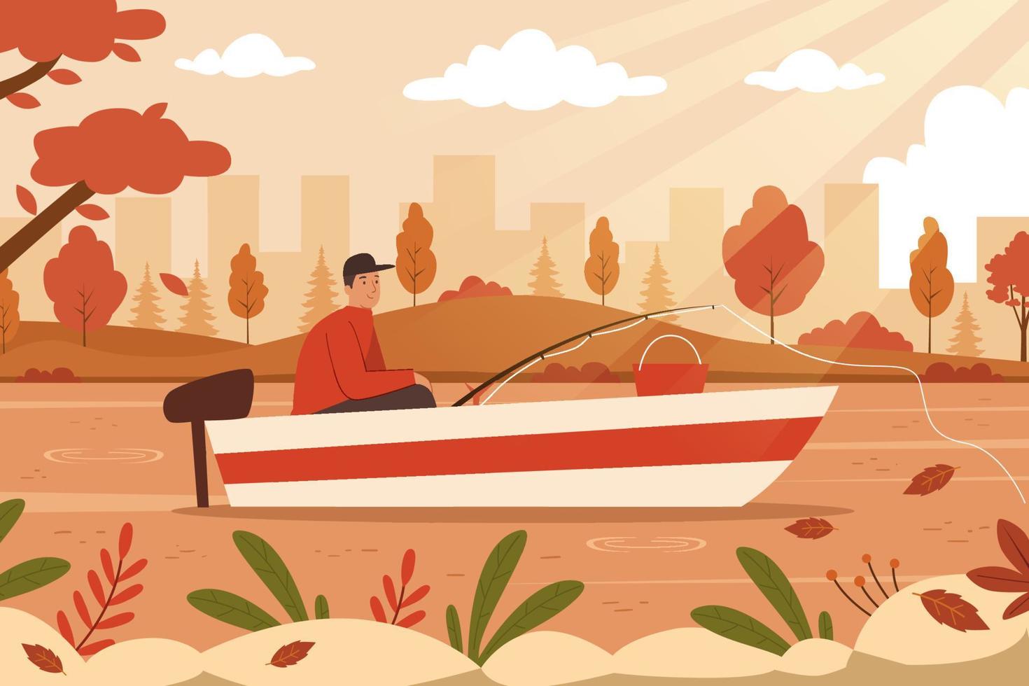 Man Fishing on the Boat During Autumn vector