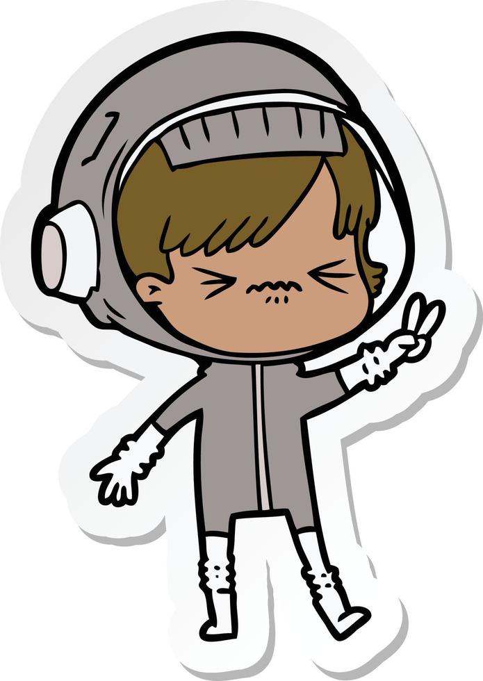 sticker of a angry cartoon space girl holding up two fingers vector
