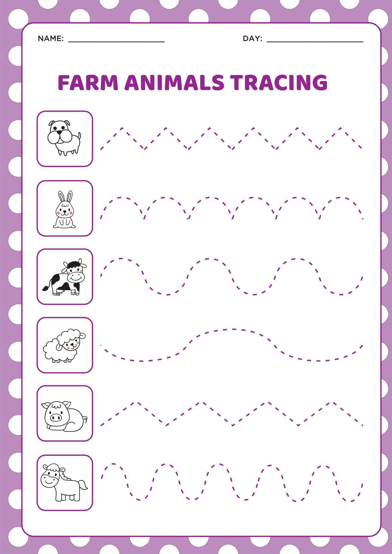 Farm animals tracing worksheet 10686317 Vector Art at Vecteezy