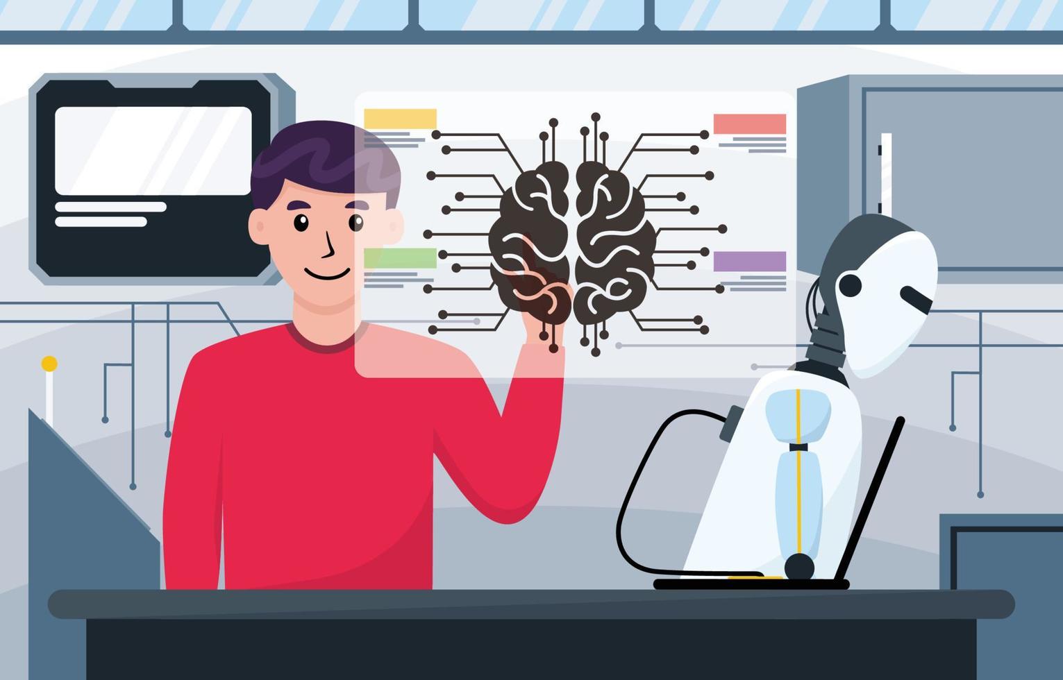 Man Programming His Domestic Personal Artificial Intelligence Robot vector