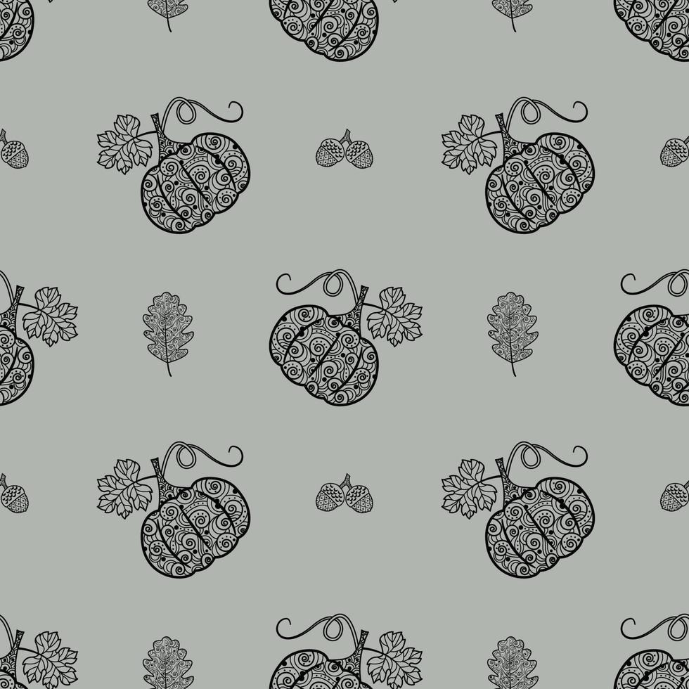 Seamless pattern with pumpkins and acorns. Vector isolated background with pumpkins with a beautiful ornament. Texture for textiles or wrapping paper. Autumn pattern.