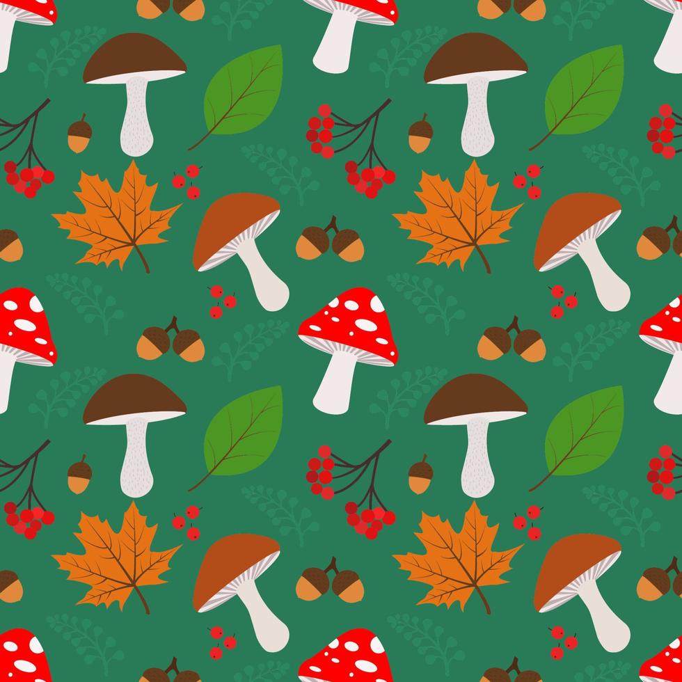 Seamless pattern with autumn elements acorns, autumn leaves, mushrooms. A bright, repetitive texture for the autumn season. Design of postcards, prints made of wrapping paper, packaging, books. vector
