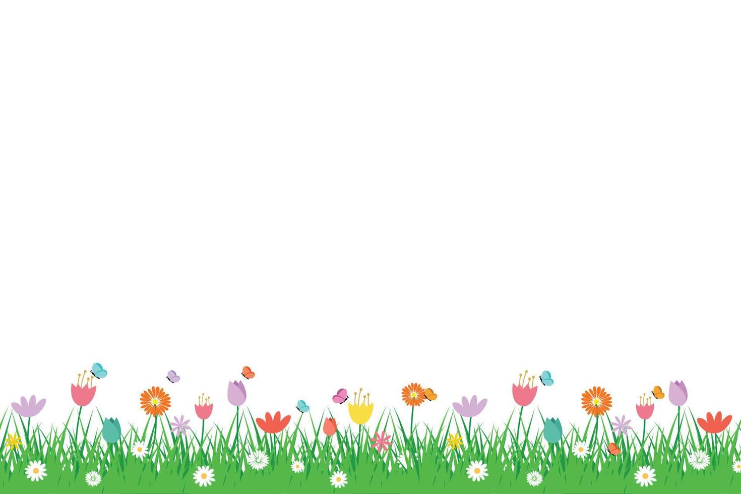 spring grass flowers and butterfly isolated on blue background. vector