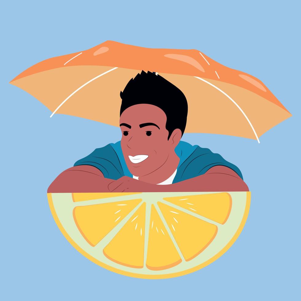 Laughing man with umbrella and cool lemon vector