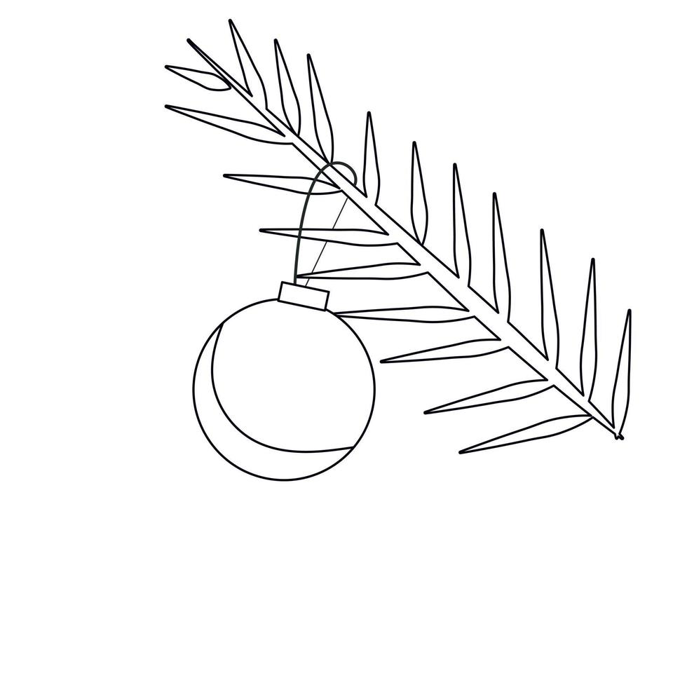 Black and white line Christmas tree branch. Vector illustration.