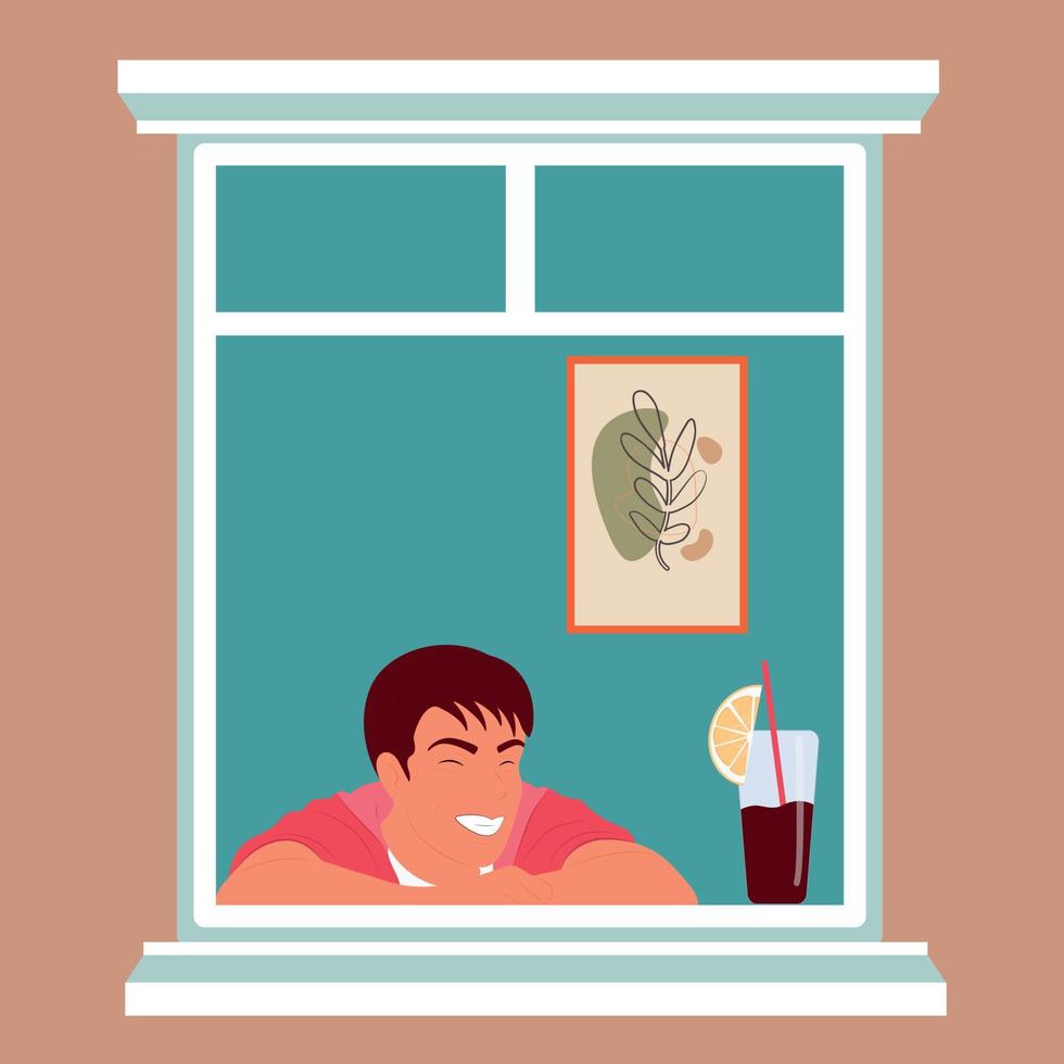 hombre riendo cerca de la ventana con una bebida. descanso, consuelo, alegría. vector plano de color