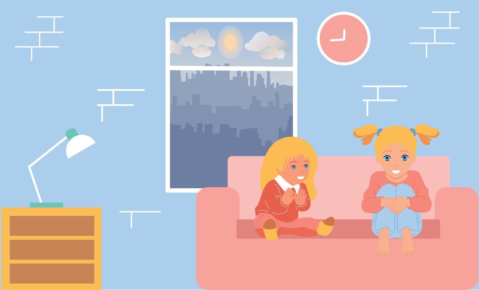 Two girls are sitting on the sofa and talking in the room. vector