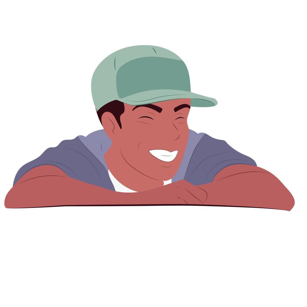 Laughing man in a cap with a tablet. Place for text. Color flat vector