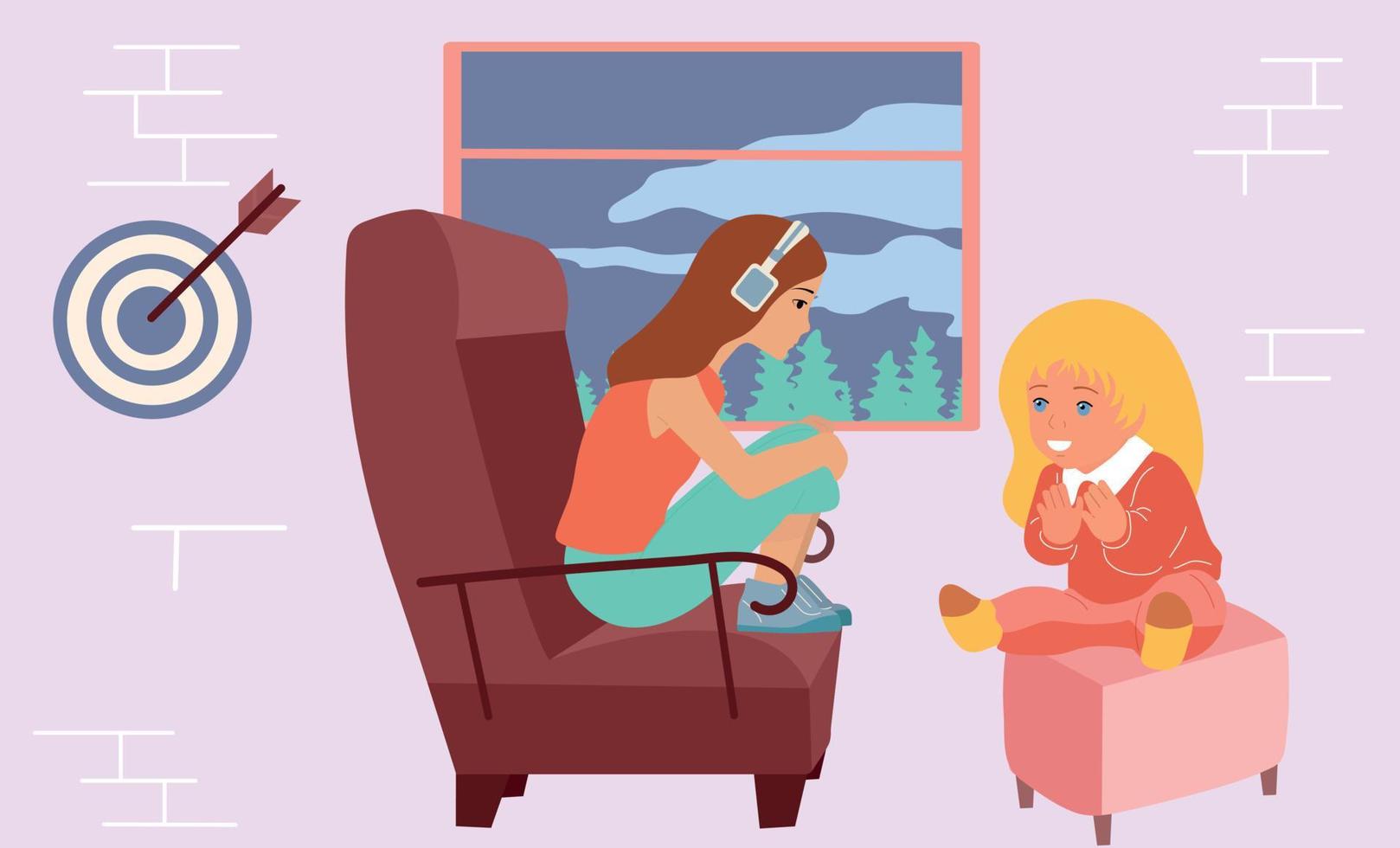 Two girls are sitting on the sofa and talking in the room. vector