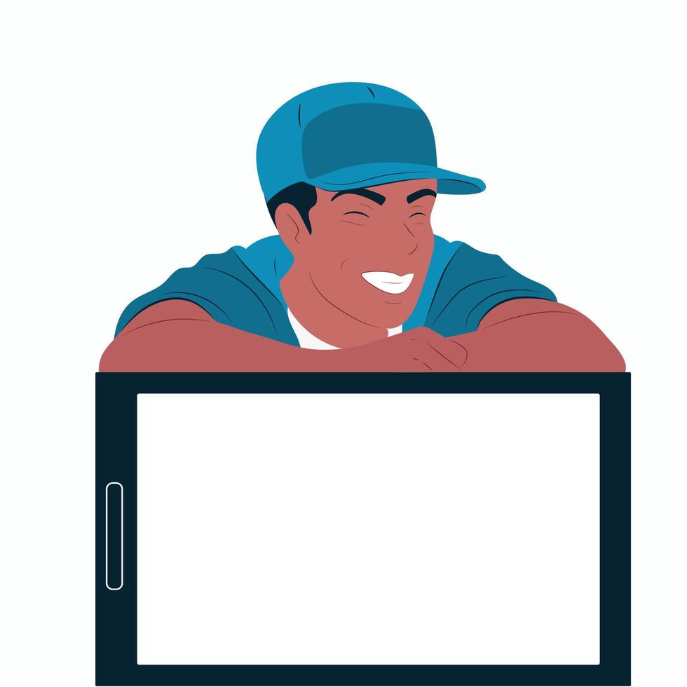 Laughing man in a cap with a tablet. Place for text. Color flat vector